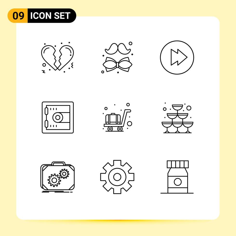 Group of 9 Modern Outlines Set for sparkling trolley forward luggage motivation Editable Vector Design Elements