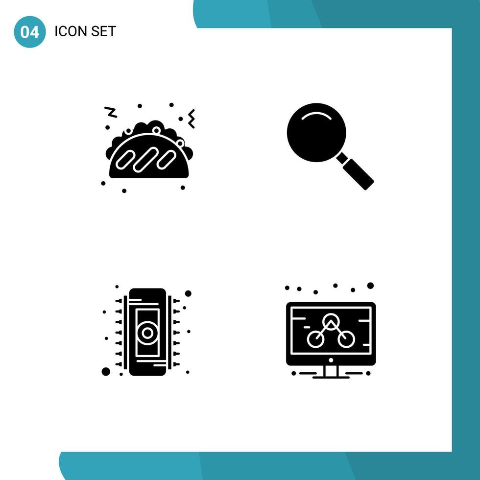 conjunto de 4 glifos sólidos vectoriales en cuadrícula para elementos de diseño de vectores editables comerciales de búsqueda de vidrio de memoria de taco