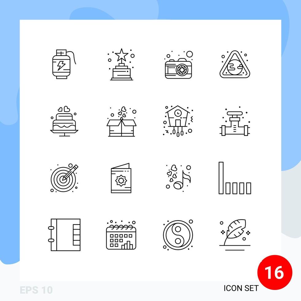 Outline Pack of 16 Universal Symbols of wedding love photo cake pollution Editable Vector Design Elements