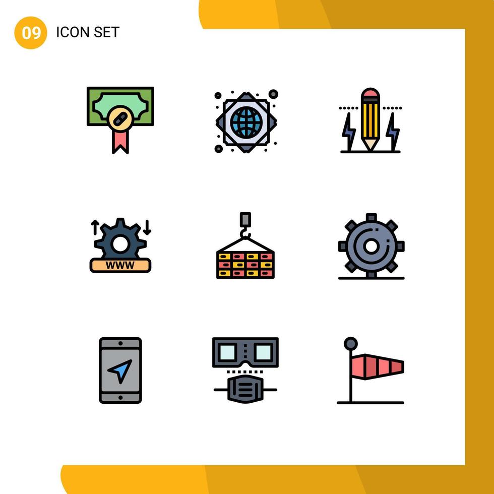 Pack of 9 Modern Filledline Flat Colors Signs and Symbols for Web Print Media such as cargo setting drawing system internet Editable Vector Design Elements