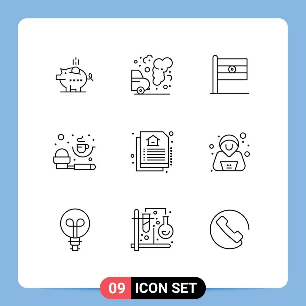Group of 9 Outlines Signs and Symbols for document measuring spoon pollution measurement day Editable Vector Design Elements
