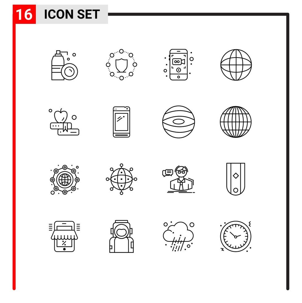 Pack of 16 Modern Outlines Signs and Symbols for Web Print Media such as book education camera internet world Editable Vector Design Elements