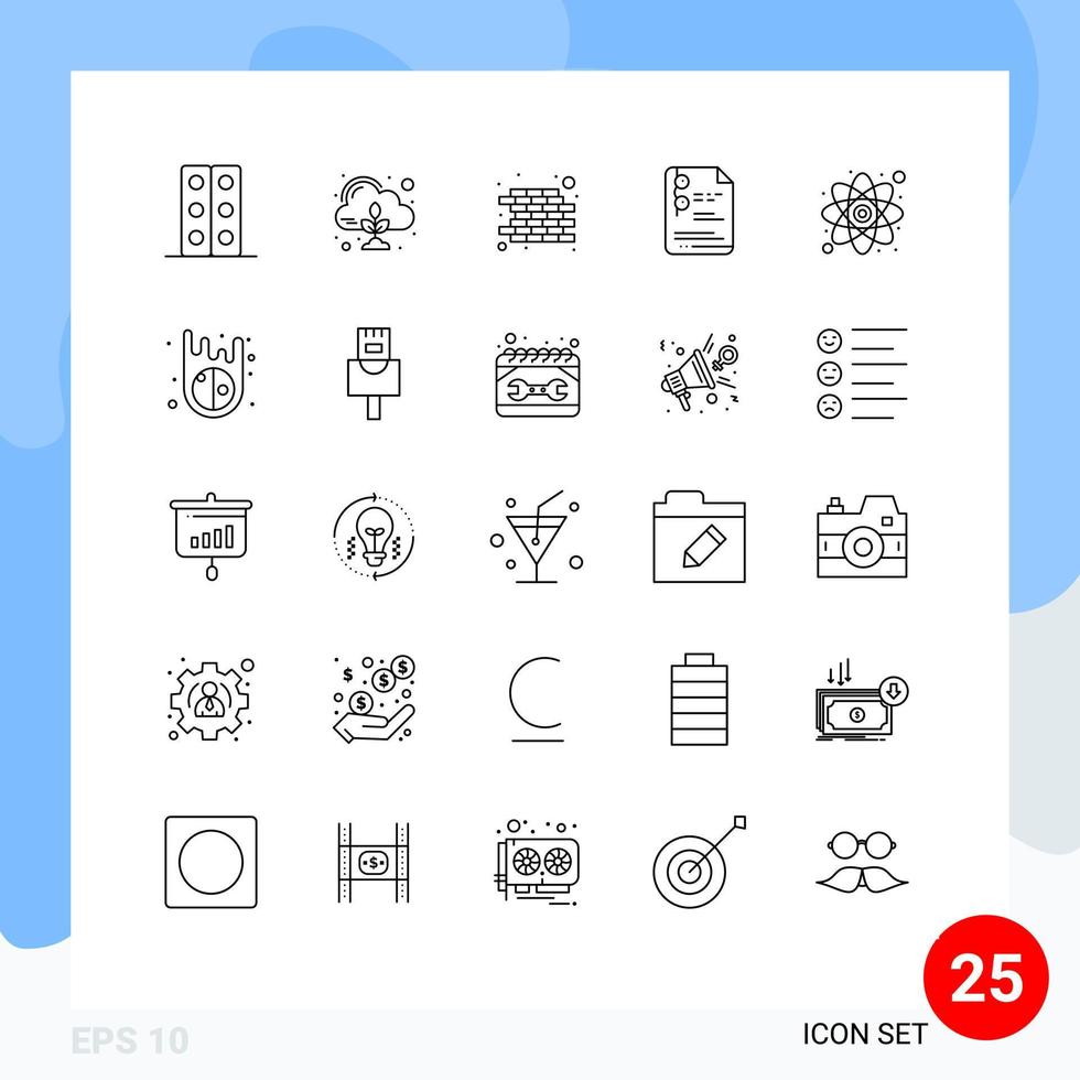 Mobile Interface Line Set of 25 Pictograms of research atom brick education document Editable Vector Design Elements