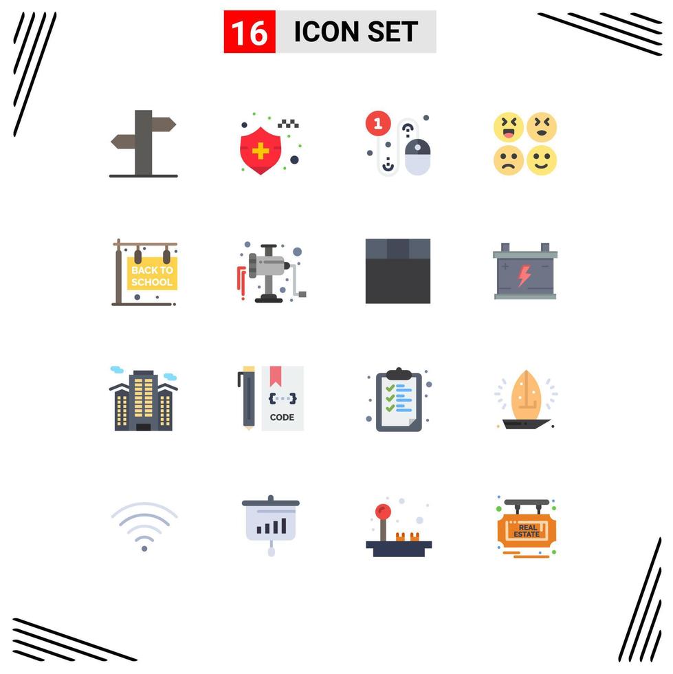 16 iconos creativos signos y símbolos modernos de letreros colgantes de regreso a la escuela comprar emojis tristes paquete editable de elementos creativos de diseño de vectores