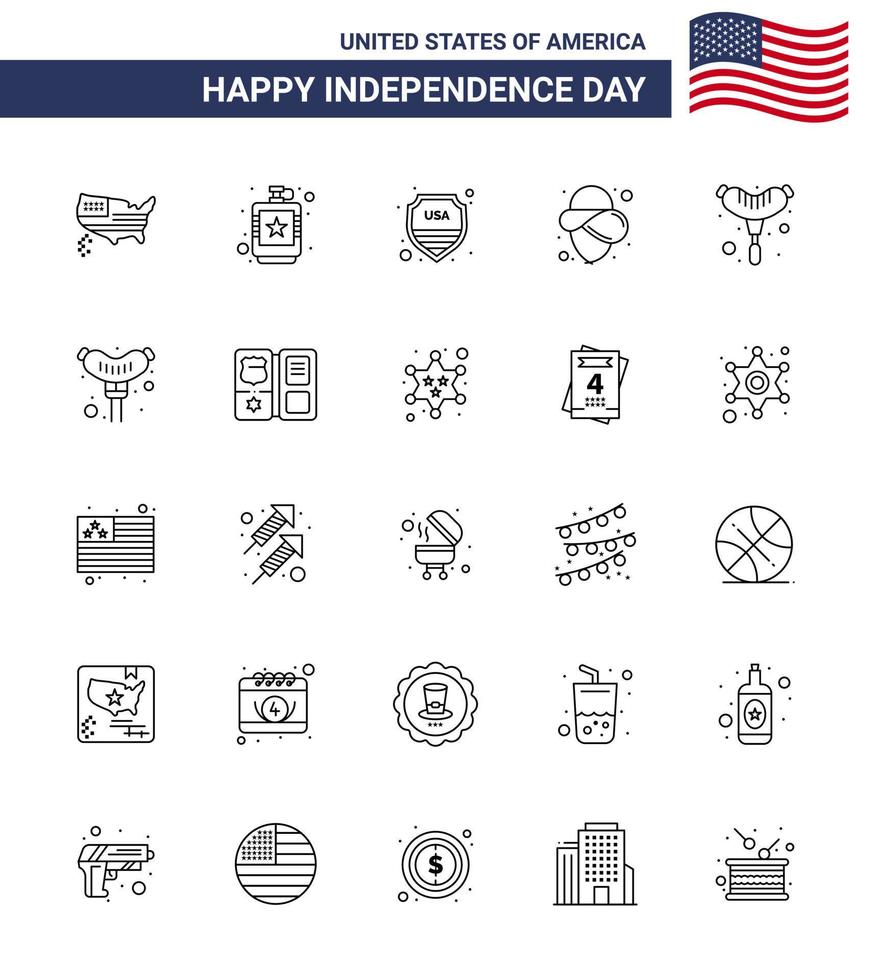 Modern Set of 25 Lines and symbols on USA Independence Day such as frankfurter hat liquid cowboy usa Editable USA Day Vector Design Elements