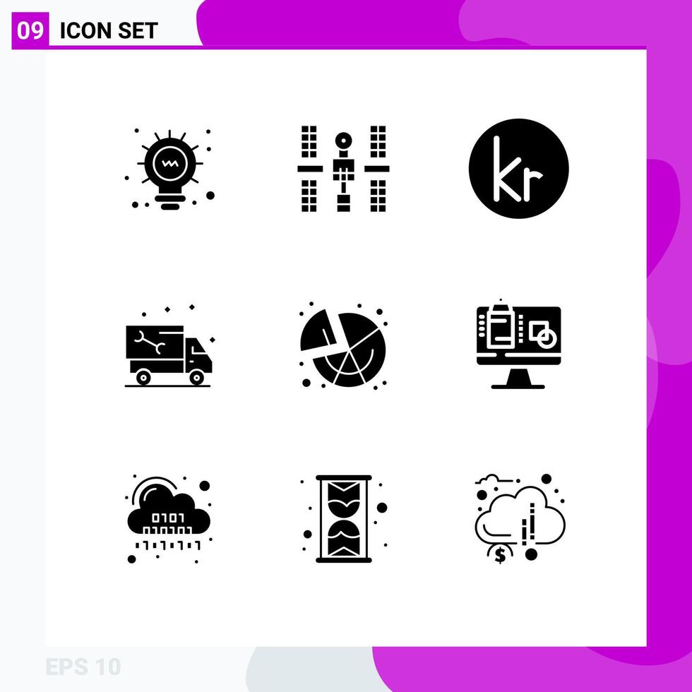 Modern Set of 9 Solid Glyphs and symbols such as chart plumbing krone plumber car Editable Vector Design Elements