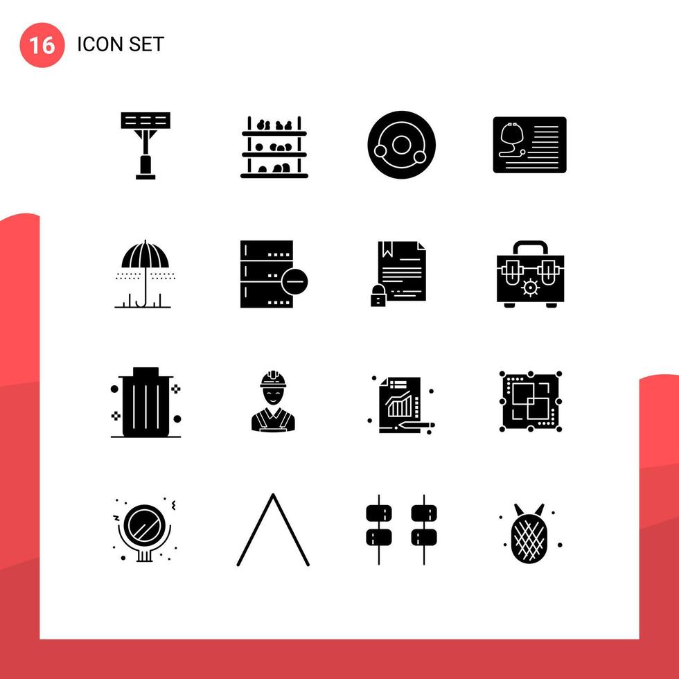 Set of 16 Vector Solid Glyphs on Grid for umbrella medical biology healthcare doctor Editable Vector Design Elements
