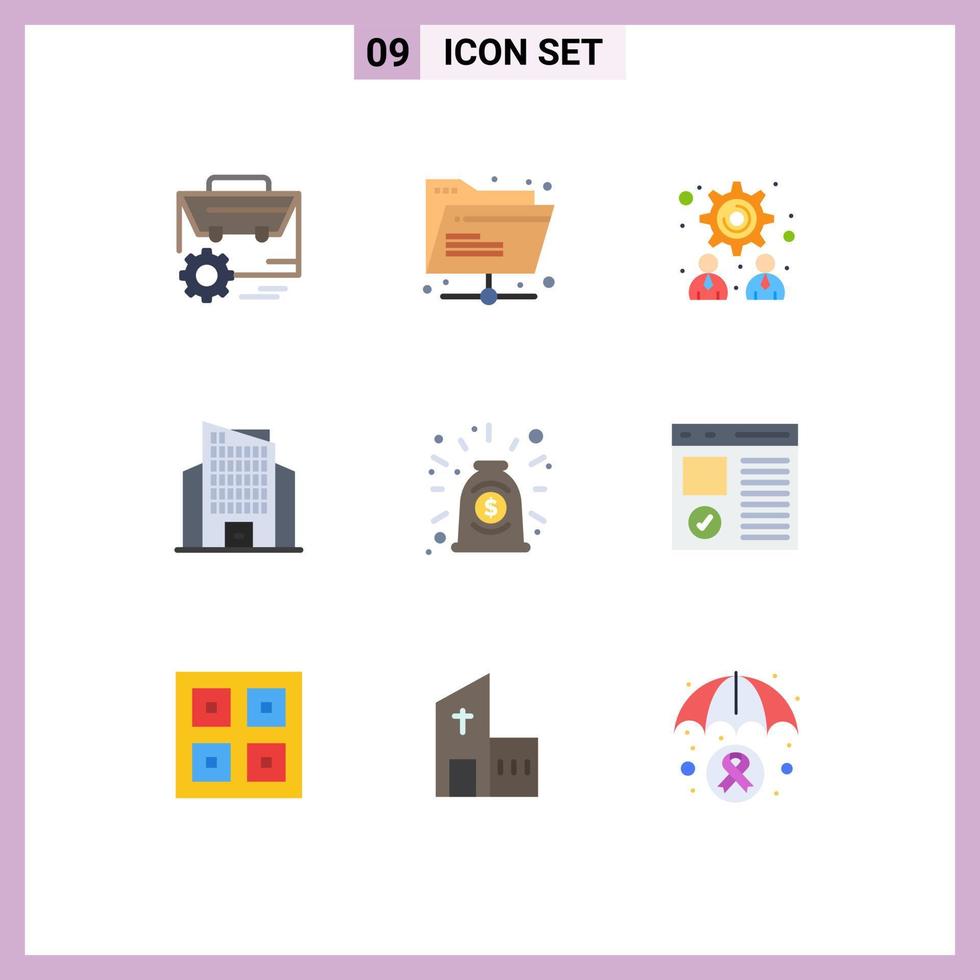 Modern Set of 9 Flat Colors Pictograph of contract agreement shared skyscraper building Editable Vector Design Elements
