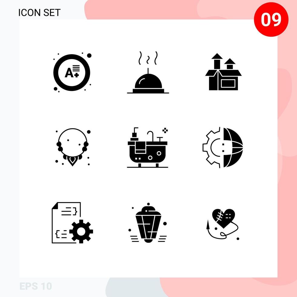 Group of 9 Solid Glyphs Signs and Symbols for development bath performance bathroom jewelry Editable Vector Design Elements