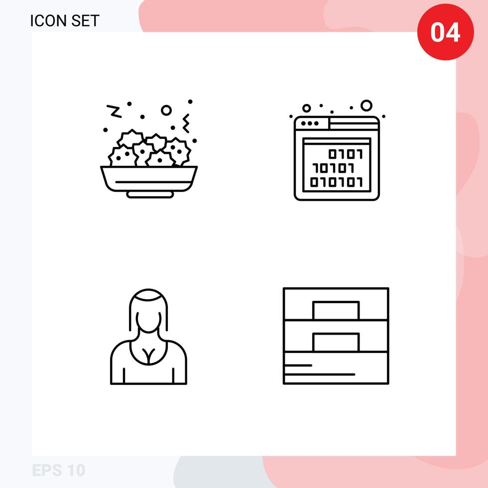 4 User Interface Line Pack of modern Signs and Symbols of salad character binary seo lady Editable Vector Design Elements