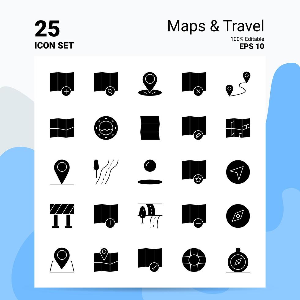 25 Maps  Travel Icon Set 100 Editable EPS 10 Files Business Logo Concept Ideas Solid Glyph icon design vector