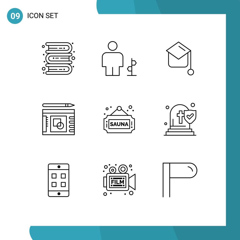 Set of 9 Commercial Outlines pack for fitness presentation road sign layout hat Editable Vector Design Elements