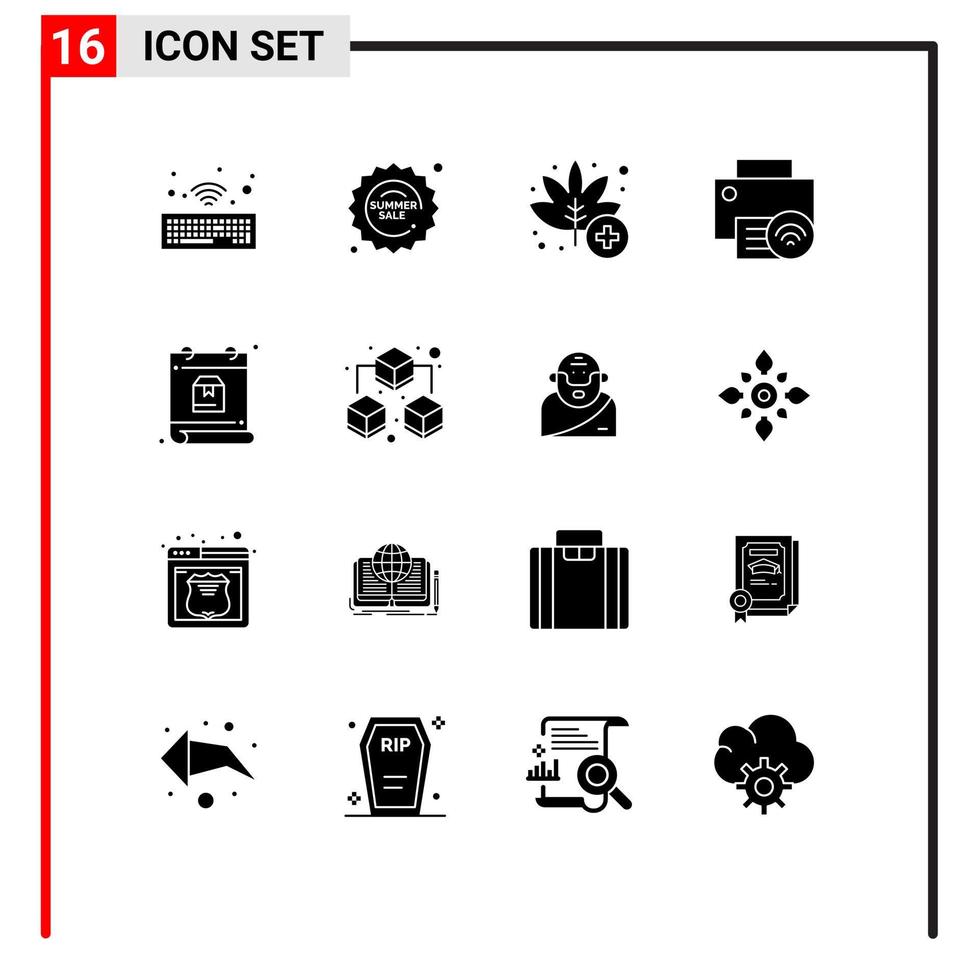 Set of 16 Vector Solid Glyphs on Grid for day printer medical hardware devices Editable Vector Design Elements