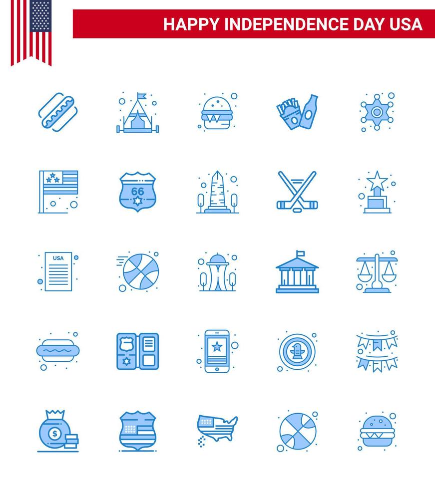 Modern Set of 25 Blues and symbols on USA Independence Day such as police sign police fast men frise Editable USA Day Vector Design Elements