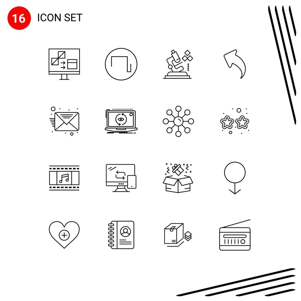 Mobile Interface Outline Set of 16 Pictograms of message email microscope back arrow Editable Vector Design Elements