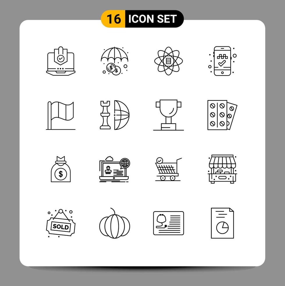 16 Universal Outlines Set for Web and Mobile Applications flag online cab booking insurance book cab data scince Editable Vector Design Elements