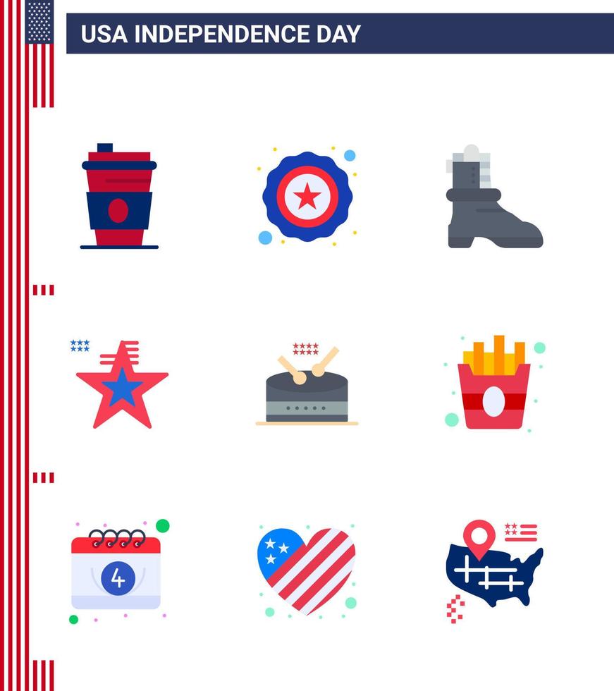 Happy Independence Day 4th July Set of 9 Flats American Pictograph of parade instrument boot drum flag Editable USA Day Vector Design Elements