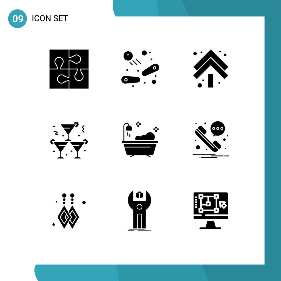 Mobile Interface Solid Glyph Set of 9 Pictograms of bathroom party play drink double Editable Vector Design Elements