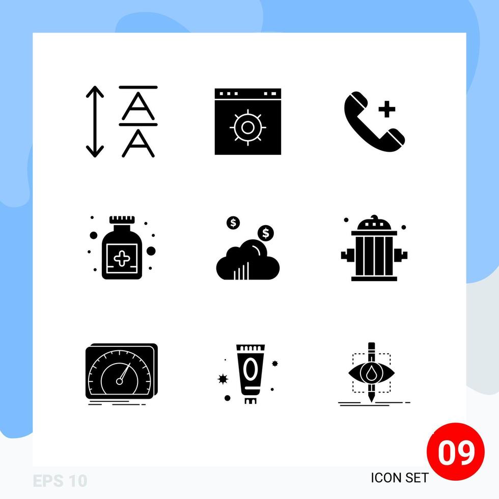 paquete de iconos de vector de stock de 9 signos y símbolos de línea para elementos de diseño de vector editables de botella de nube de hospital de marketing de bombero