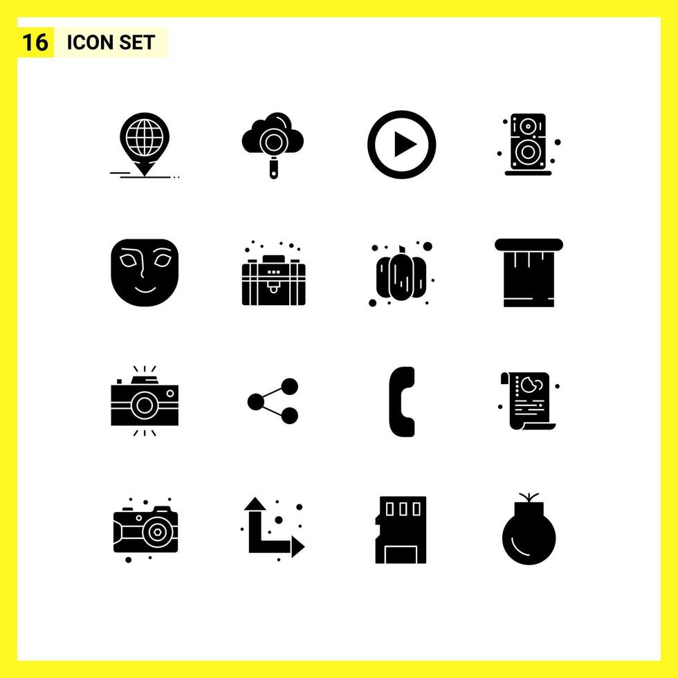 paquete de 16 signos y símbolos de glifos sólidos modernos para medios de impresión web, como elementos de diseño de vectores editables del reproductor de hardware de control del reproductor de emociones
