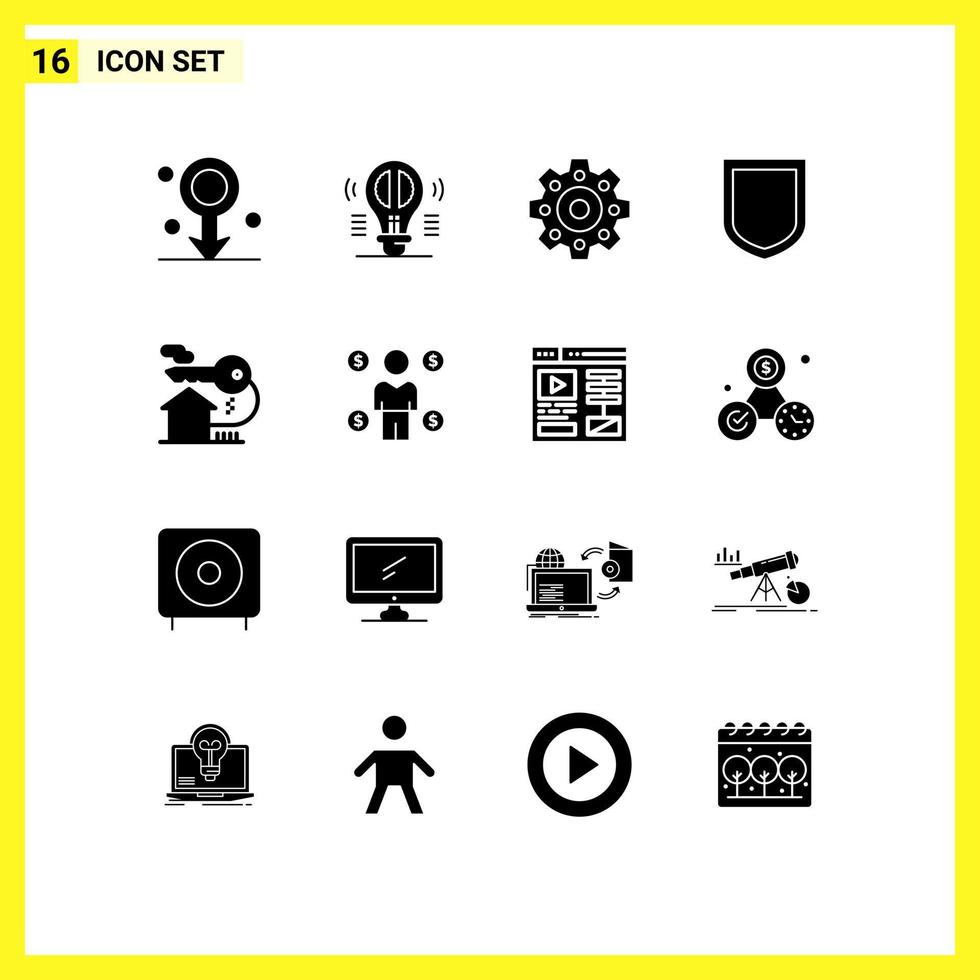 16 Universal Solid Glyphs Set for Web and Mobile Applications key house thinking home security Editable Vector Design Elements