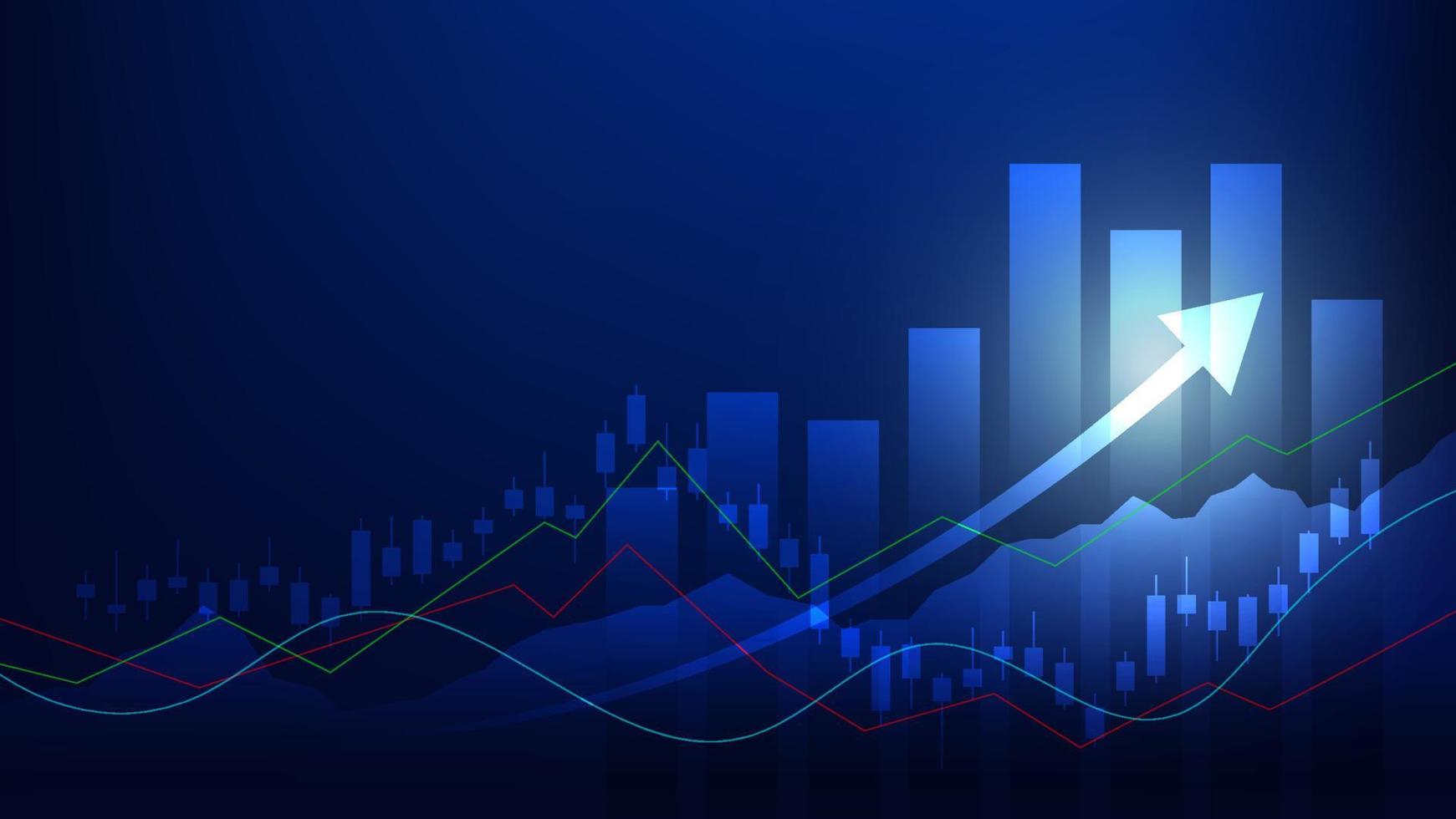 Financial business statistics with bar graph and candlestick chart show stock market price and effective earning on blue background vector