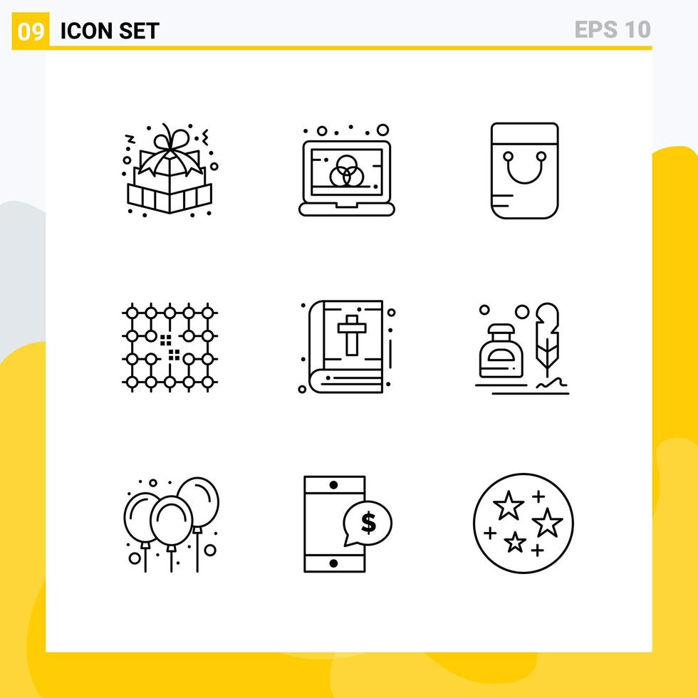 Group of 9 Outlines Signs and Symbols for bible grid screen electricity chip Editable Vector Design Elements