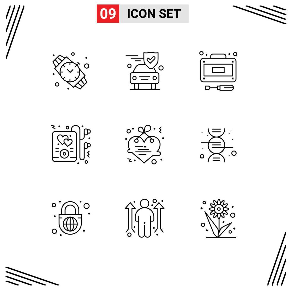 Group of 9 Modern Outlines Set for love heart recuperation hanging music Editable Vector Design Elements