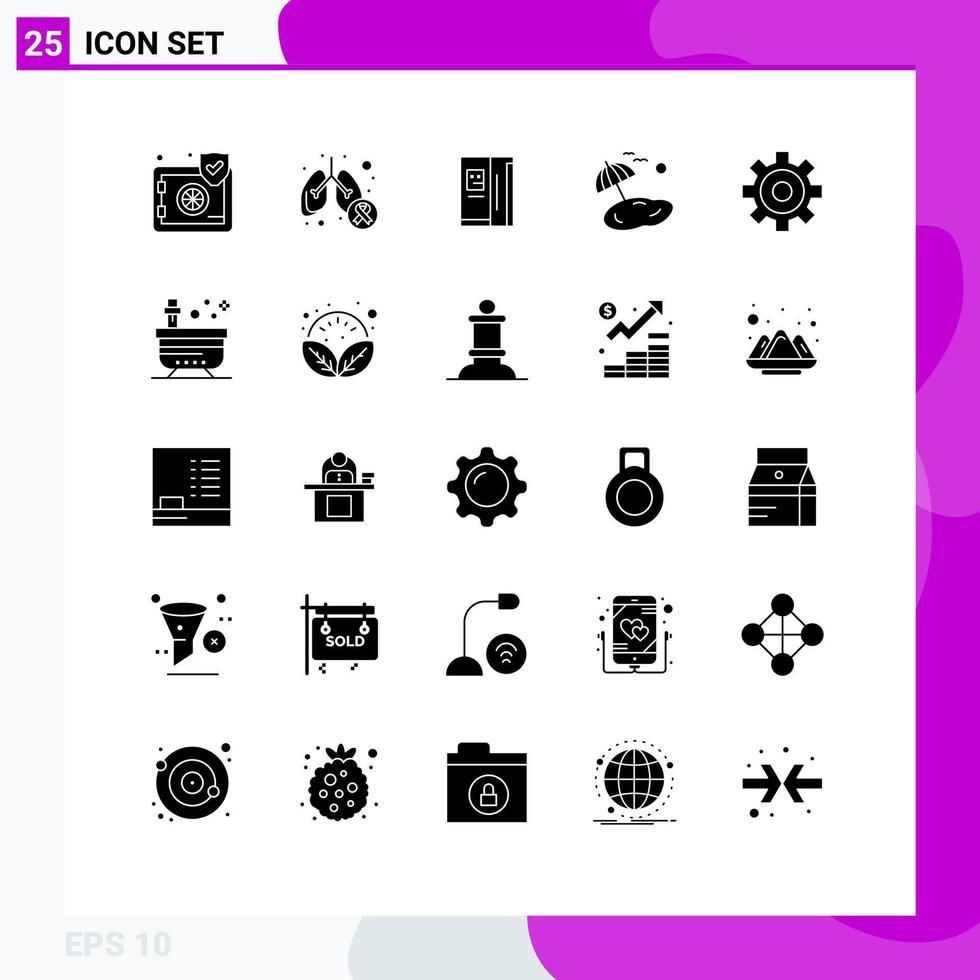 Editable Vector Line Pack of 25 Simple Solid Glyphs of cogwheels tree symptom palm freezer Editable Vector Design Elements