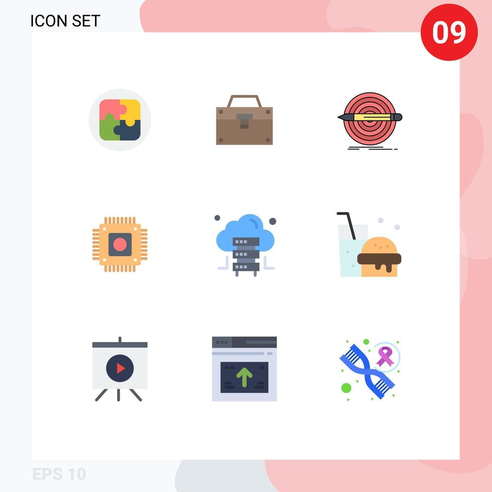 Pack of 9 creative Flat Colors of computer hardware toolkit chip set Editable Vector Design Elements