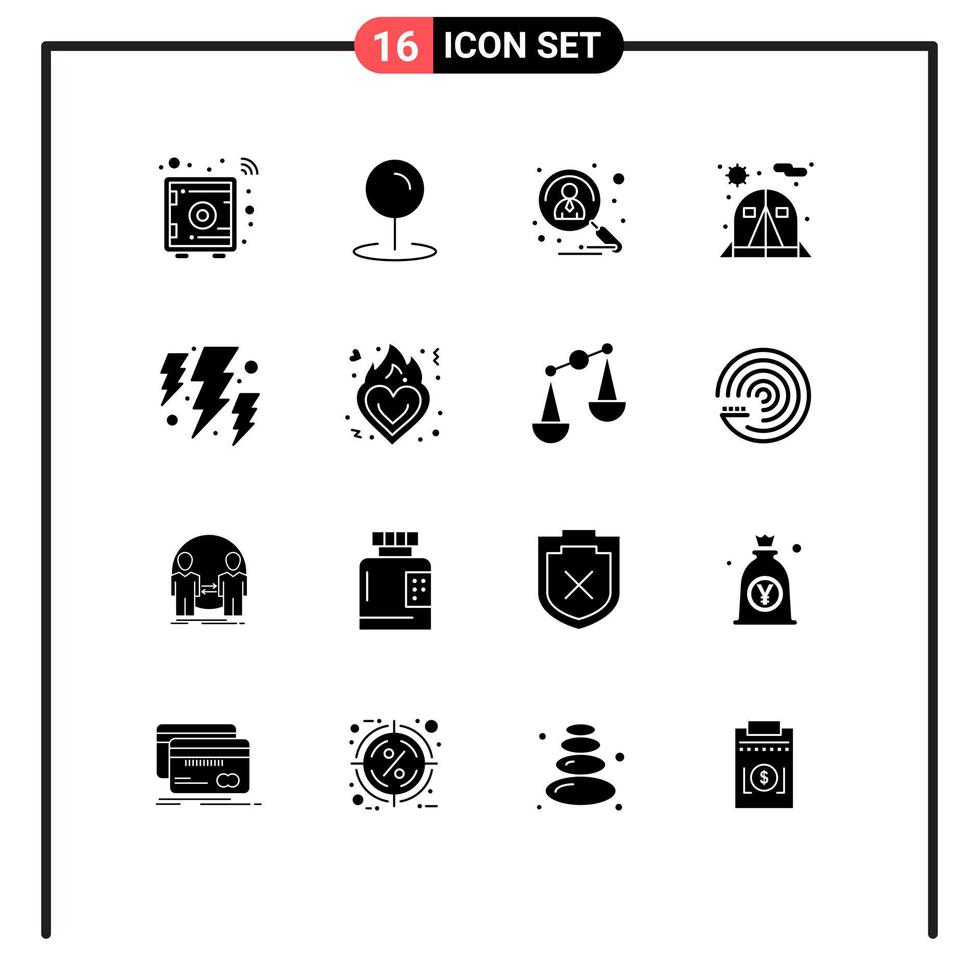 Set of 16 Vector Solid Glyphs on Grid for power bolt candidate tent camping Editable Vector Design Elements