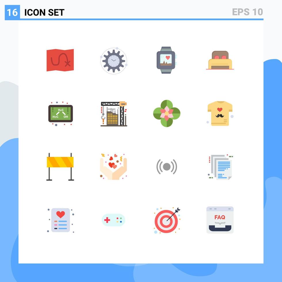 paquete de 16 signos y símbolos modernos de colores planos para medios de impresión web como etanol cama de habitación de reloj de mano de hotel paquete editable de elementos creativos de diseño de vectores