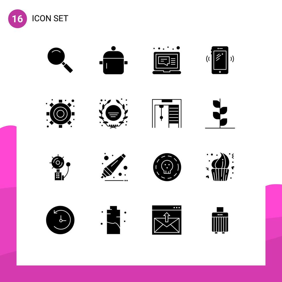 Group of 16 Solid Glyphs Signs and Symbols for signals mobile kitchenware smart phone message Editable Vector Design Elements