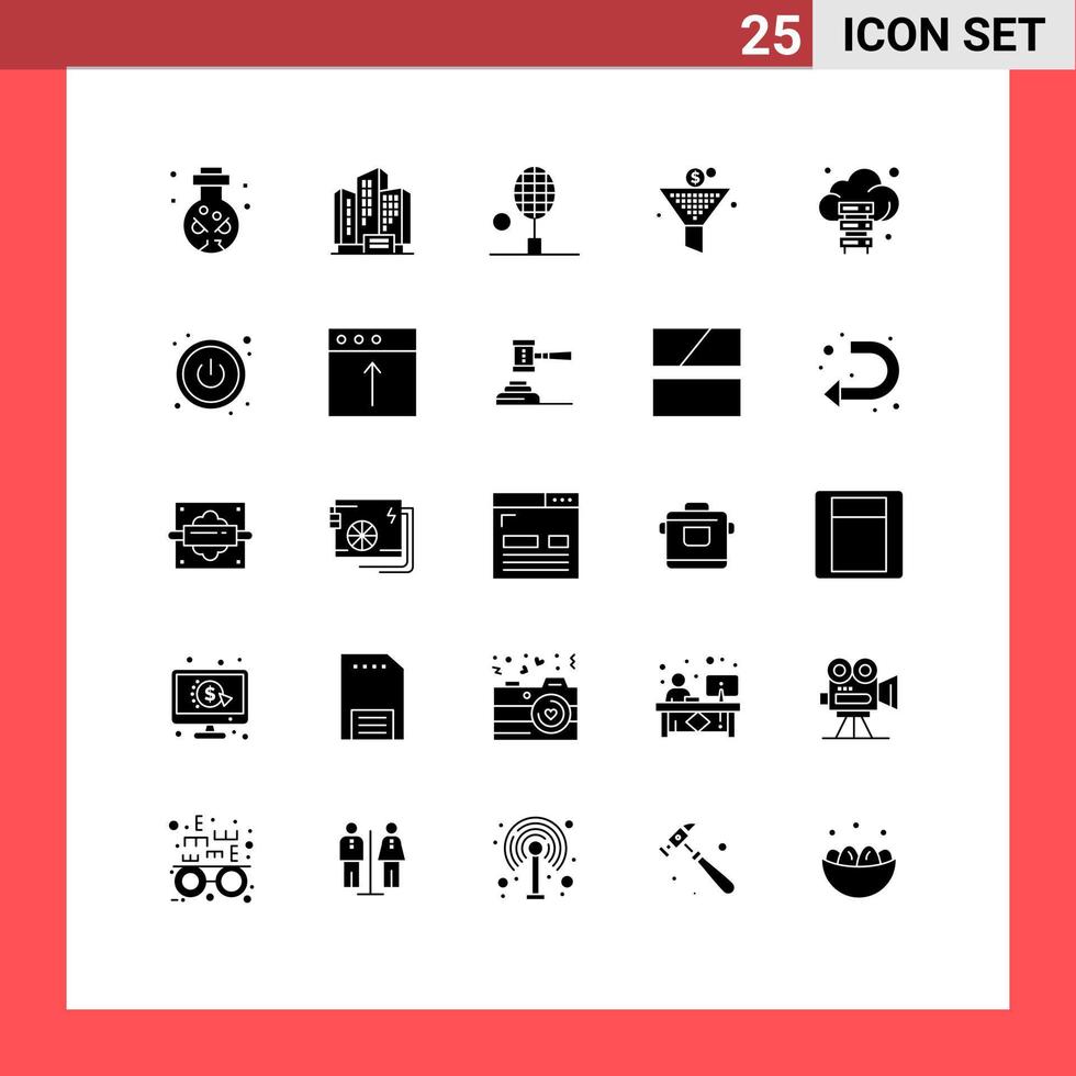 User Interface Pack of 25 Basic Solid Glyphs of cloud percent gain badminton funel tennis racket Editable Vector Design Elements