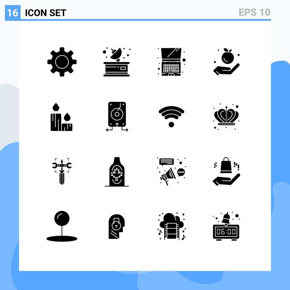 Modern Set of 16 Solid Glyphs Pictograph of nature fire computer candle food Editable Vector Design Elements