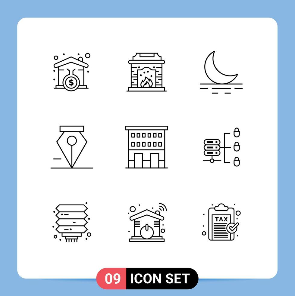 9 User Interface Outline Pack of modern Signs and Symbols of shops retail moon house pen Editable Vector Design Elements