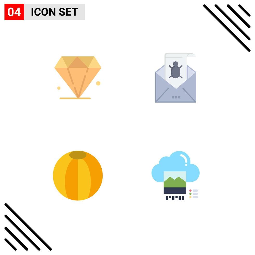 Mobile Interface Flat Icon Set of 4 Pictograms of diamond threat bug email ball Editable Vector Design Elements