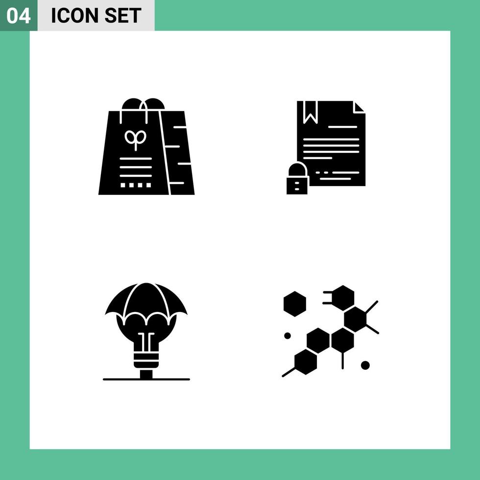 Pictogram Set of 4 Simple Solid Glyphs of bag proteced ideas shopping digital defence Editable Vector Design Elements