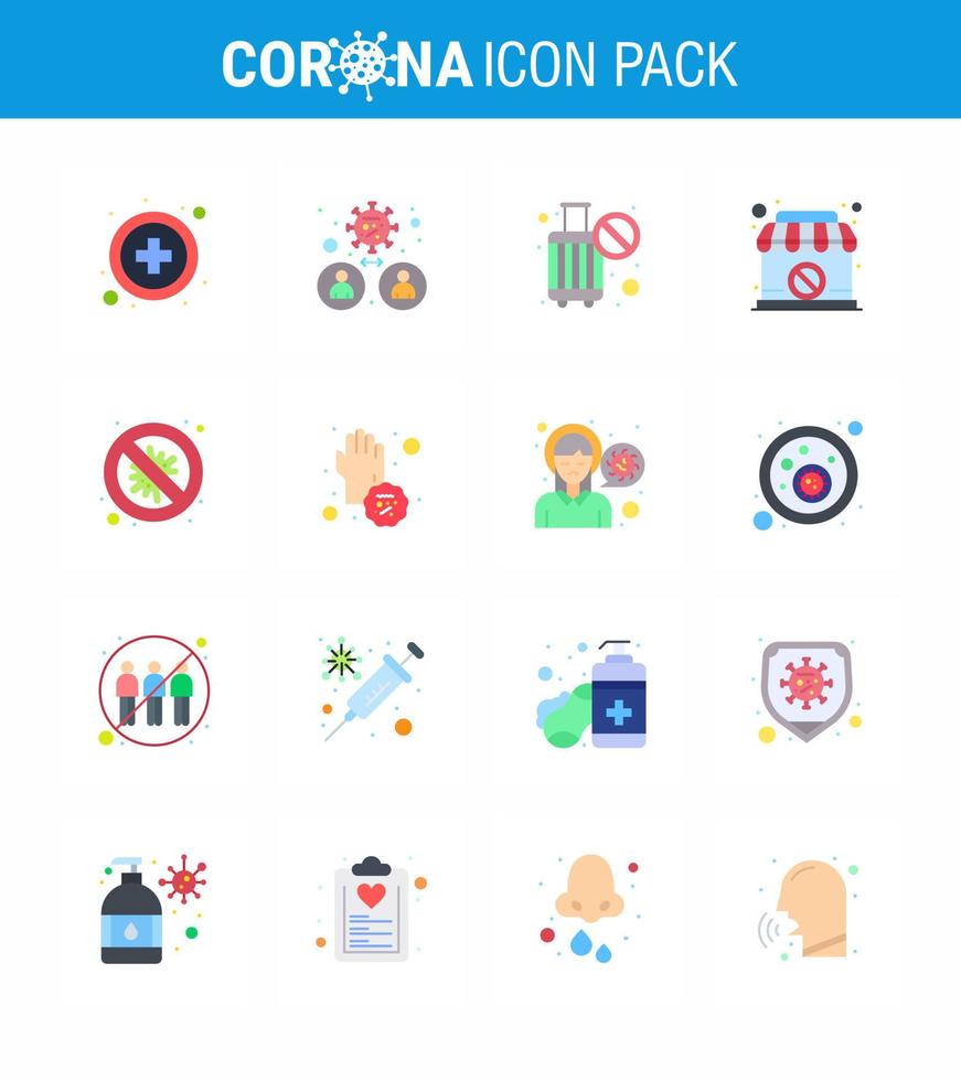 Corona virus 2019 and 2020 epidemic 16 Flat Color icon pack such as protection banned ban sign closed viral coronavirus 2019nov disease Vector Design Elements