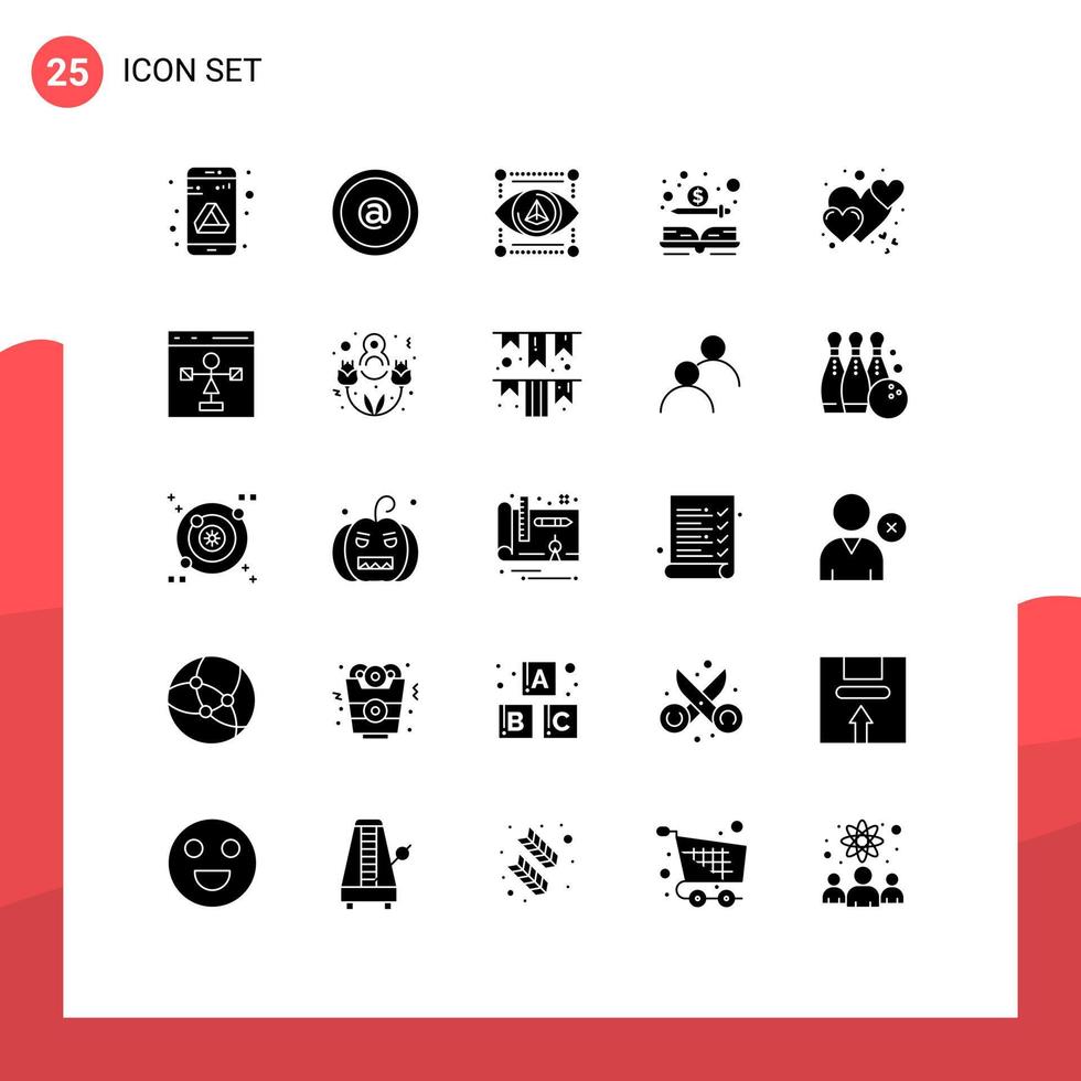 25 Universal Solid Glyph Signs Symbols of love money eye dollar book Editable Vector Design Elements