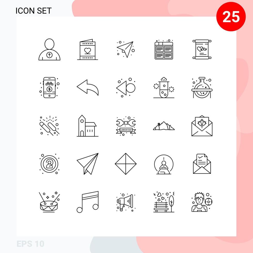 25 Universal Lines Set for Web and Mobile Applications invitation process message images board Editable Vector Design Elements