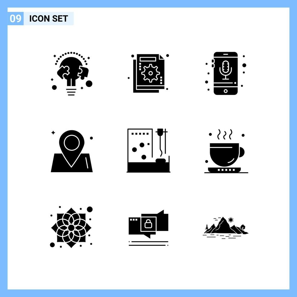 9 Icons Solid style Creative Glyph Symbols Black Solid Icon Sign Isolated on White Background vector