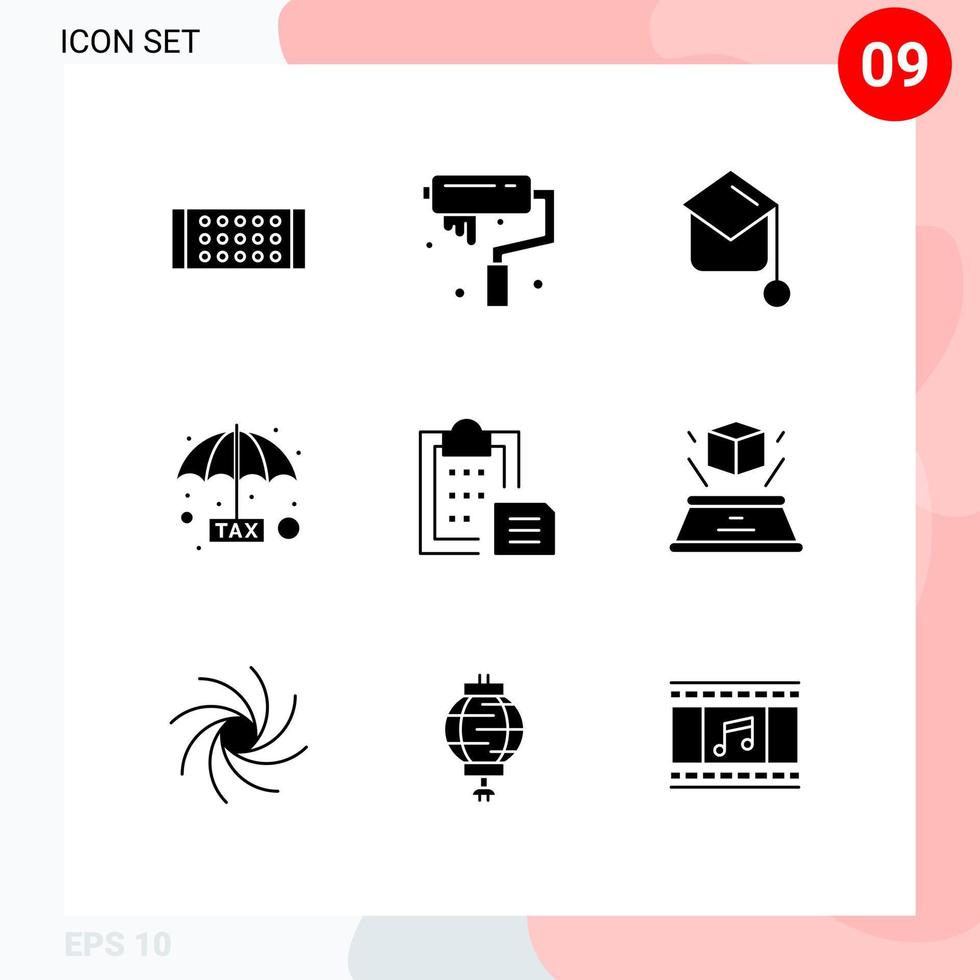 Pack of 9 creative Solid Glyphs of interface clipboard graduation protection payable Editable Vector Design Elements