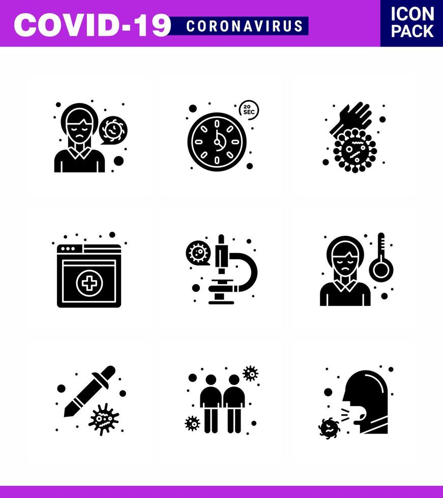 9 Solid Glyph Black Coronavirus disease and prevention vector icon  laboratory services timer online virus viral coronavirus 2019nov disease Vector Design Elements