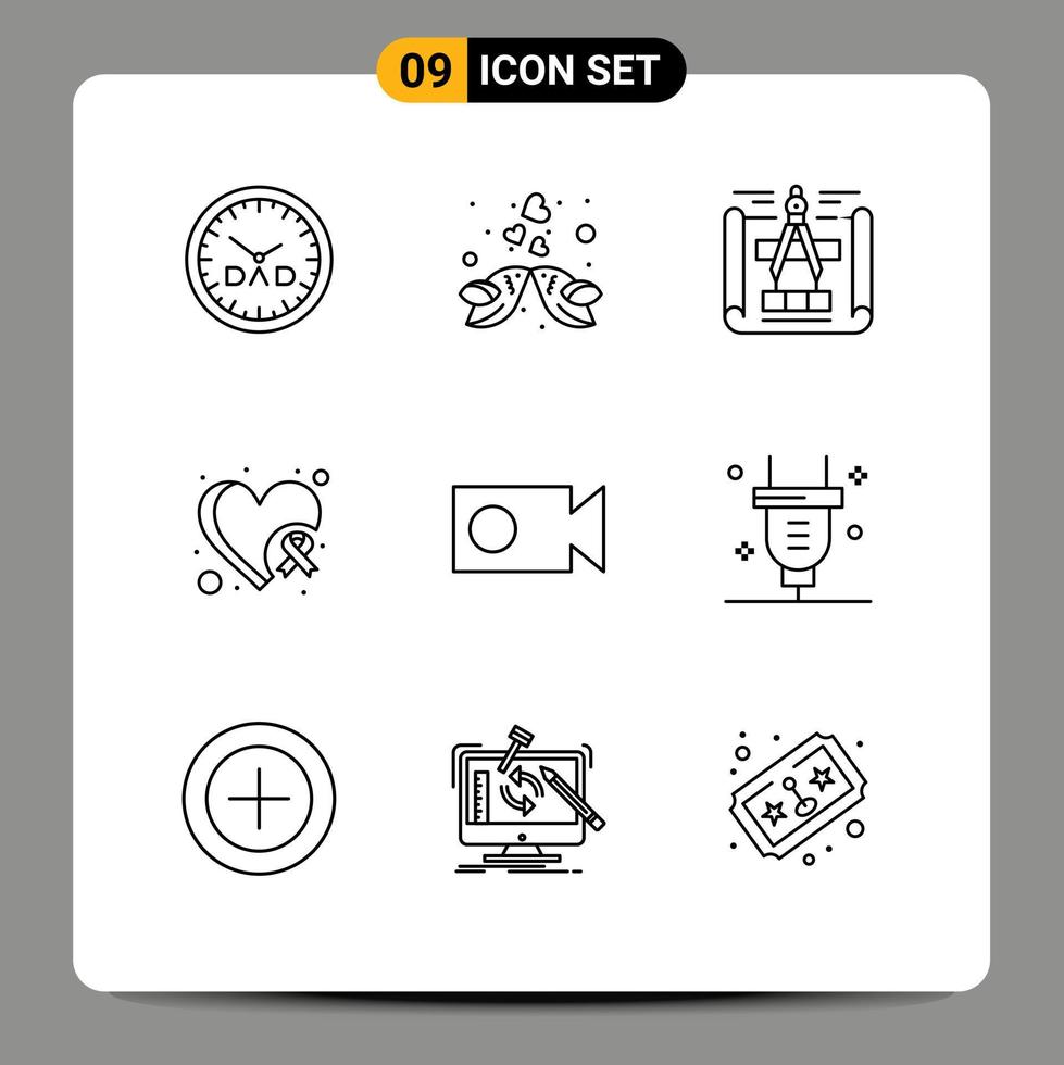 Pack of 9 creative Outlines of record heart awareness romantic heart breast Editable Vector Design Elements