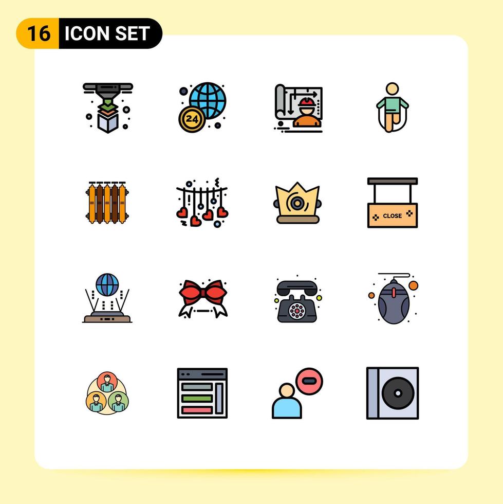conjunto de pictogramas de 16 líneas llenas de colores planos simples de calentamiento saltando blueprint cuerda saltar elementos de diseño de vectores creativos editables