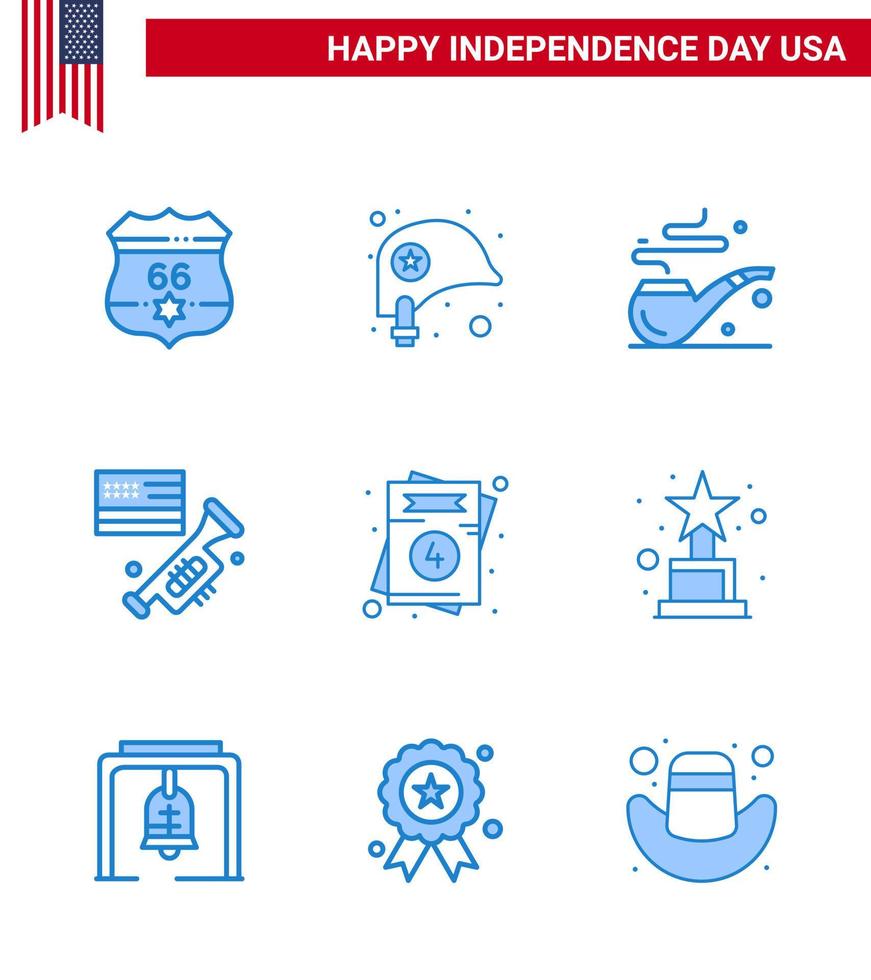 Modern Set of 9 Blues and symbols on USA Independence Day such as usa invitation pipe american speaker Editable USA Day Vector Design Elements