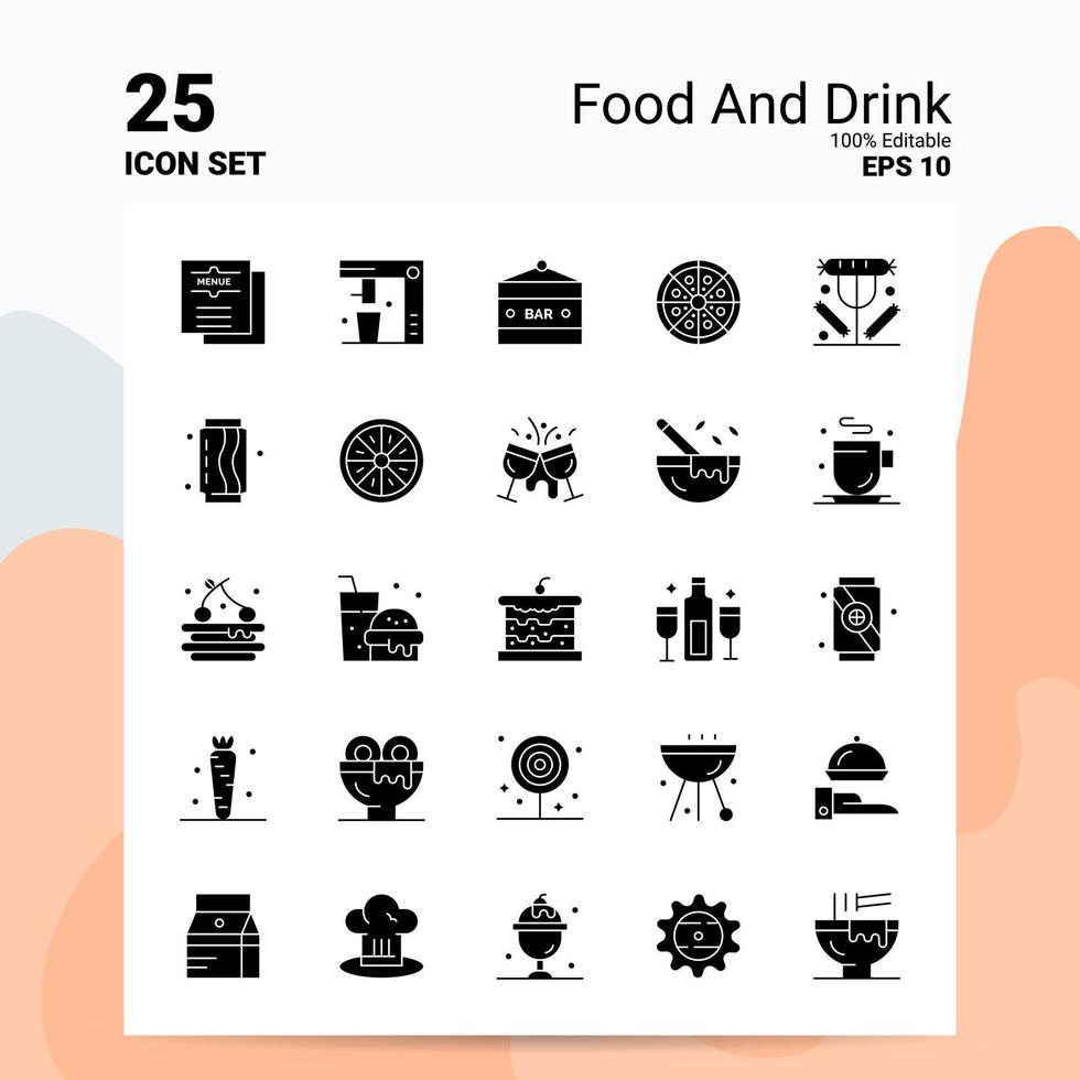 25 conjunto de iconos de comida y bebida 100 archivos editables eps 10 ideas de concepto de logotipo de empresa diseño de icono de glifo sólido vector