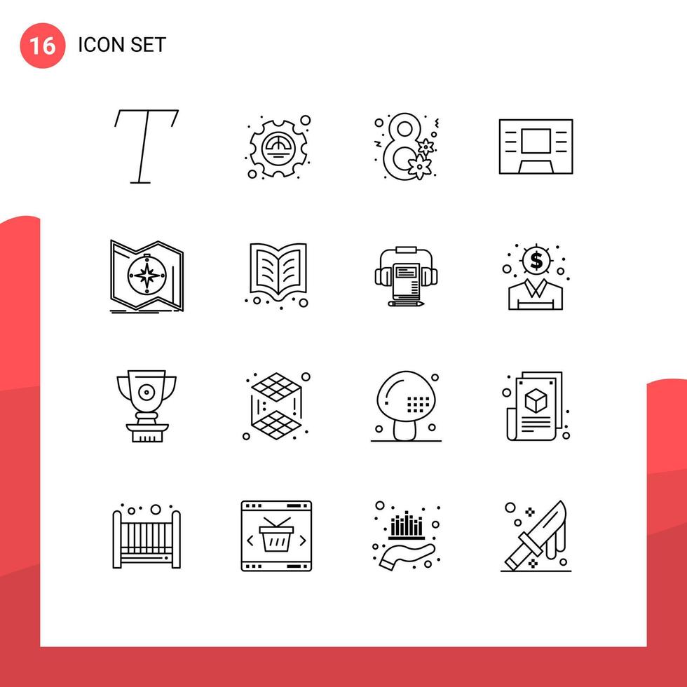 Outline Pack of 16 Universal Symbols of reading navigate gift map direction Editable Vector Design Elements