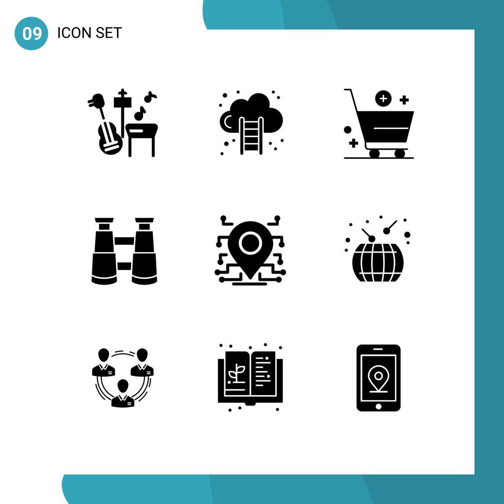 Pack of 9 creative Solid Glyphs of secure location buy watch binoculars Editable Vector Design Elements